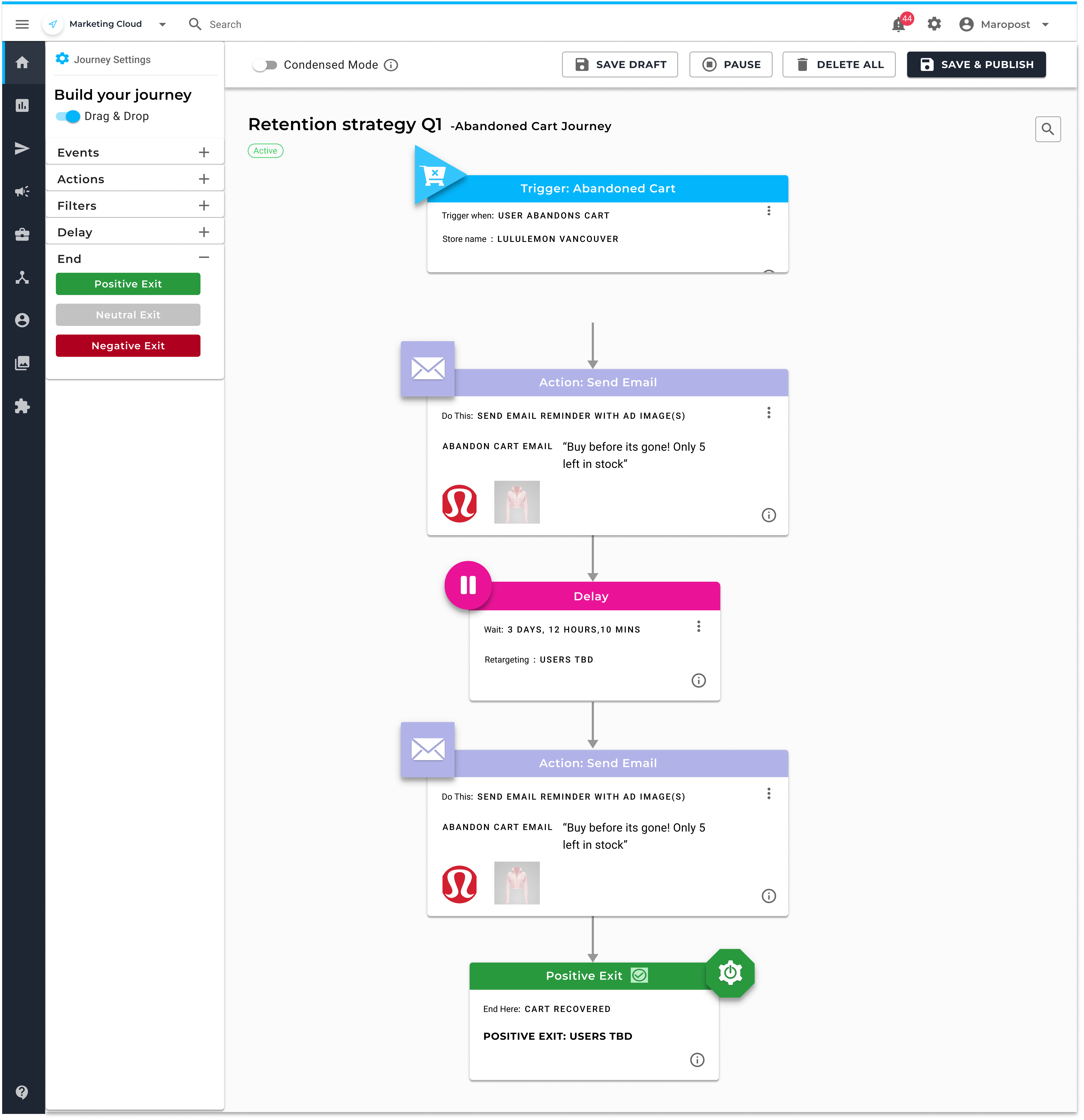 Maropost Journey Builder interface for building automated email workflows and trigger-based campaigns