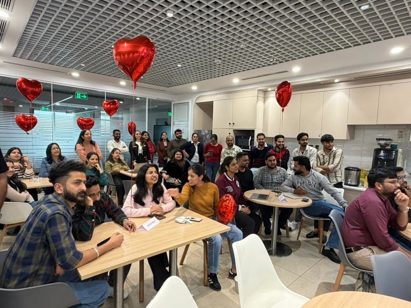 India team at a Valentine's Day event in the office cafeteria