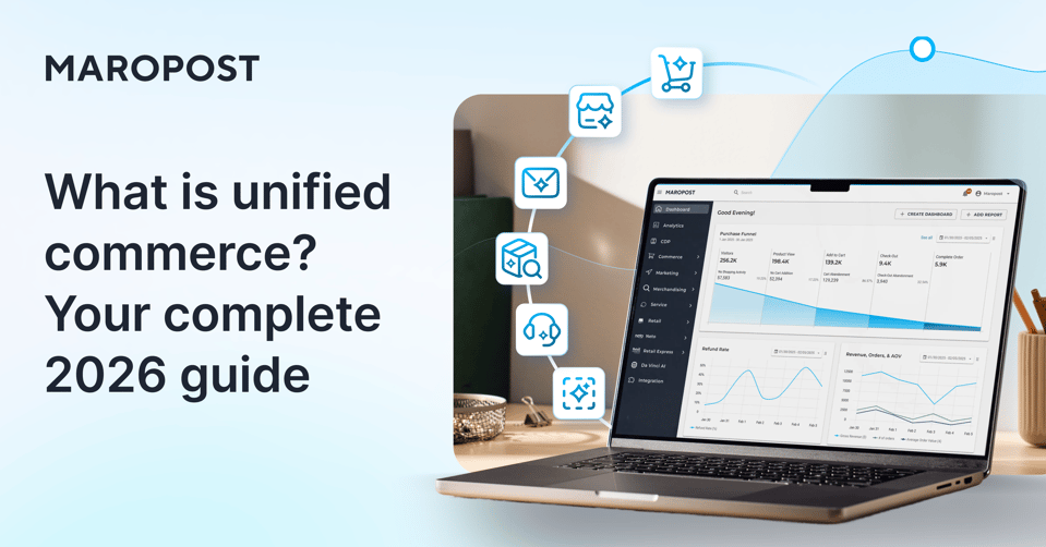 Five commerce systems including store, POS, email and SMS, search, and support on one customer record