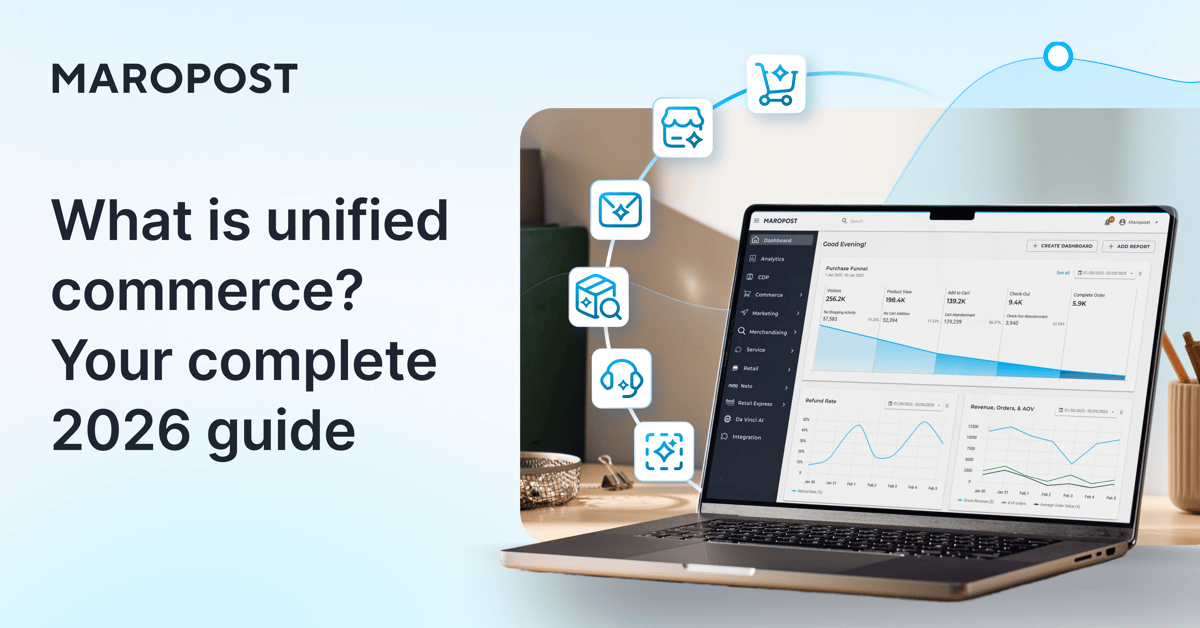 Maropost unified commerce platform dashboard displayed on a laptop, showcasing integrated retail operations and real-time data synchronization.