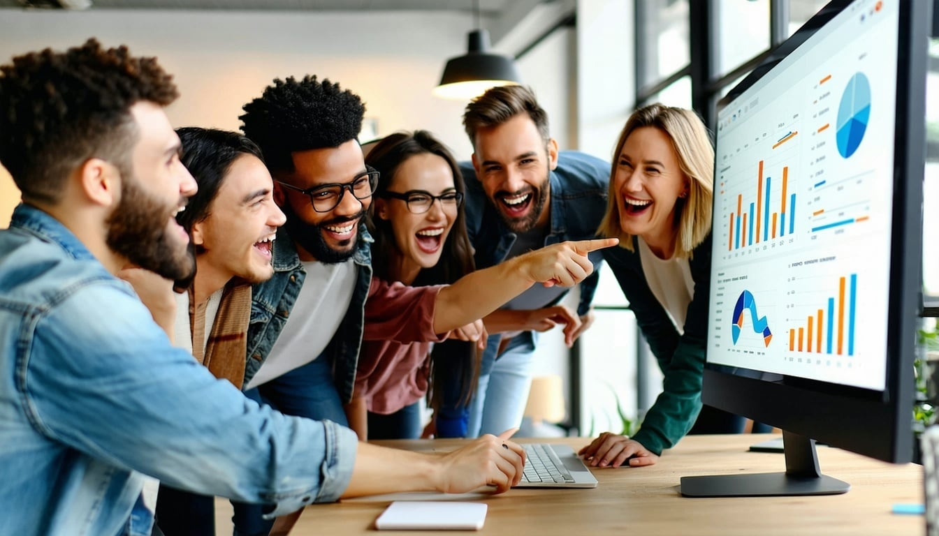 A lively group of diverse professionals dressed in smart casual attire gathers around a sleek computer monitor in a modern office space filled with natural light Their faces radiate excitement and satisfaction as they share a moment of triumph eagerl