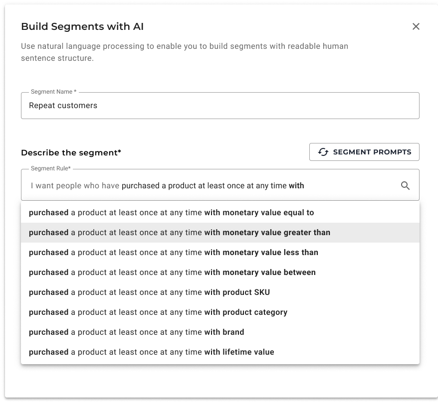 A screenshot of from Maropost Marketing Cloud about building audience segments with AI. The page shows a section titled “Build Segments with AI” and “Use natural language processing to enable you to build segments with readable human sentence structure”. There are editable fields where users can input prompts to define their audience segments. For example, one prompt reads “I want people who have purchased a product at least once at any time with monetary value equal to”.